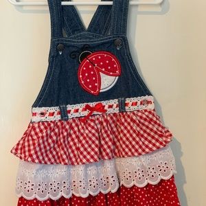 Beautiful lady bug jean overall dress!